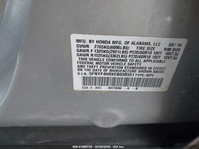 5FNYF4H9XEB038551 Honda Pilot Touring