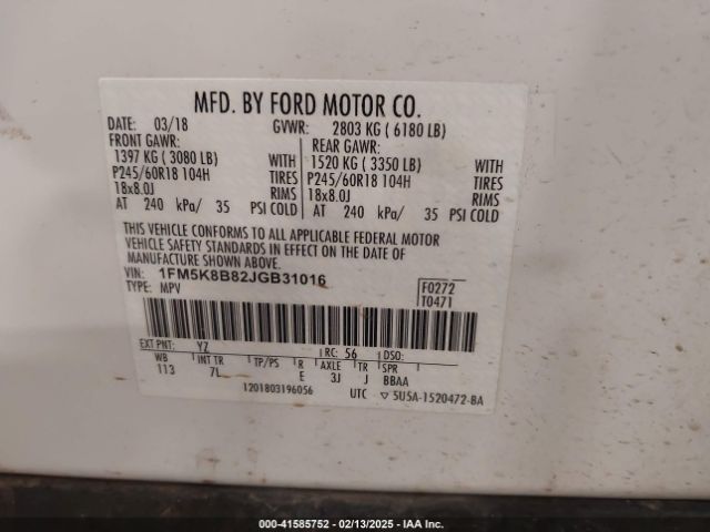 1FM5K8B82JGB31016 Ford Explorer
