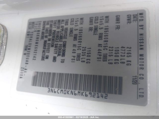 3N6CM0KN6MK692142 Nissan Nv200  Cargo S Xtronic Cvt