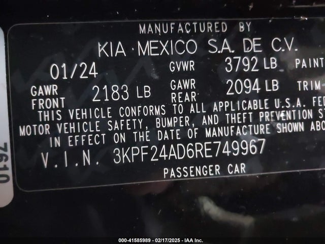 3KPF24AD6RE749967 KIA Forte Lxs