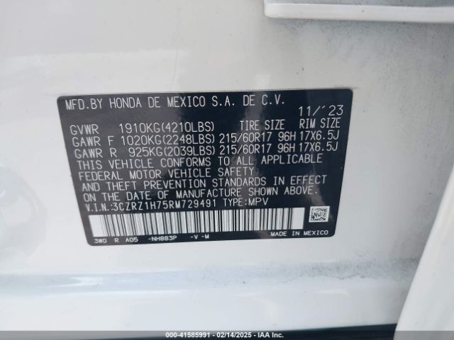 3CZRZ1H75RM729491 Honda Hr-v 2wd Ex-l/2wd Ex-l W/o Bsi