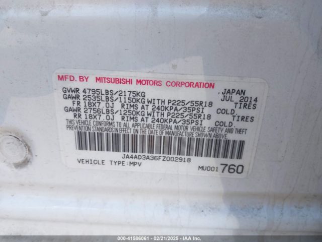 2015 MITSUBISHI OUTLANDER JA4AD3A36FZ002918 Photo 8