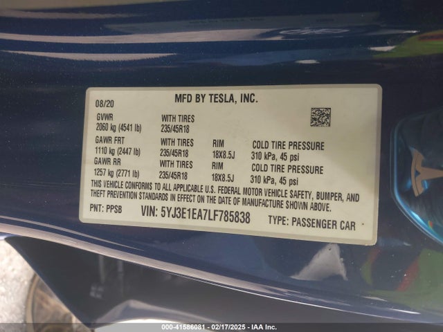 2020 TESLA MODEL 3 5YJ3E1EA7LF785838 Photo 8