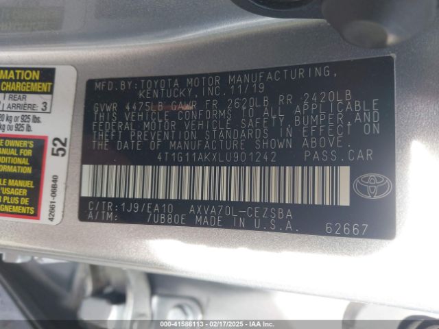 2020 TOYOTA CAMRY 4T1G11AKXLU901242 Photo 8