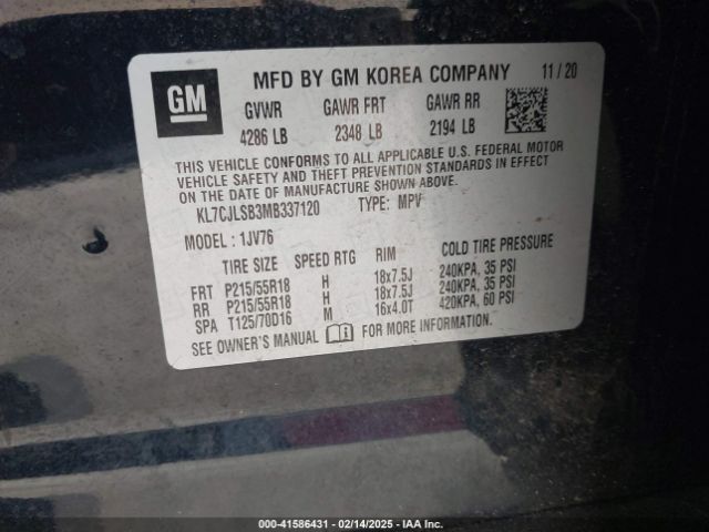 KL7CJLSB3MB337120 Chevrolet Trax Fwd Lt
