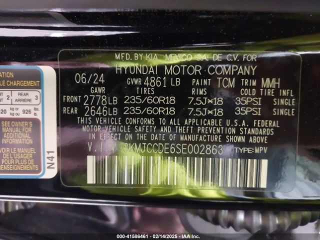 3KMJCCDE6SE002863 Hyundai Tucson Sel Convenience