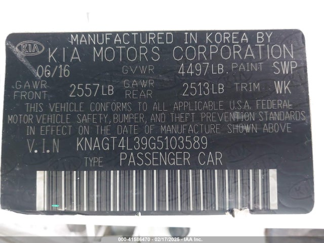 KNAGT4L39G5103589 KIA Optima Lx