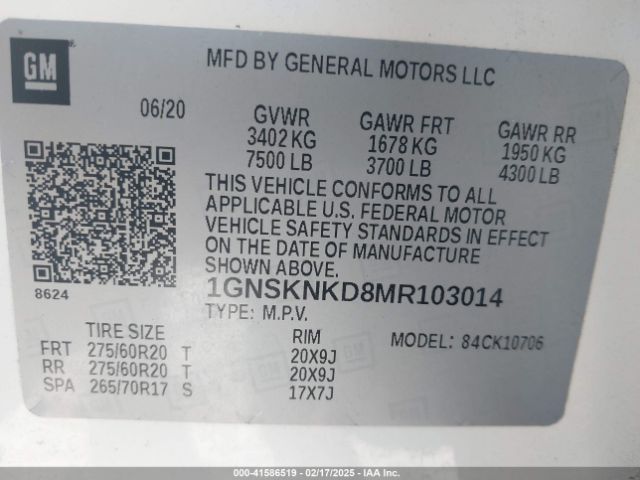 1GNSKNKD8MR103014 Chevrolet Tahoe 4wd Lt