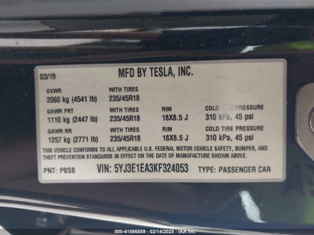 5YJ3E1EA3KF324053 Tesla Model 3 Long Range/mid Range/standard Range/standard Range Plus