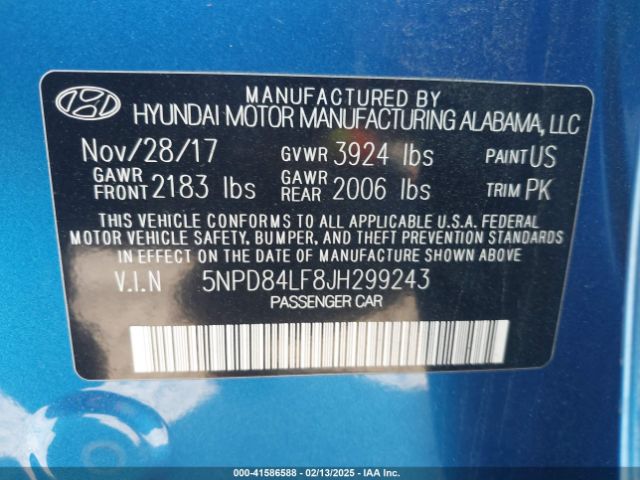 5NPD84LF8JH299243 Hyundai ELANTRA SEL