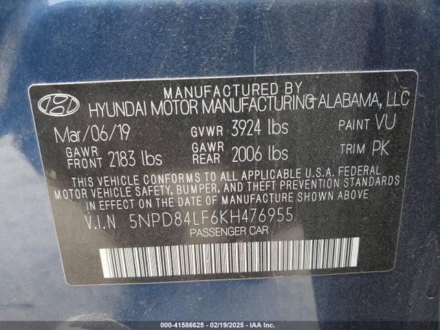 5NPD84LF6KH476955 Hyundai ELANTRA SEL