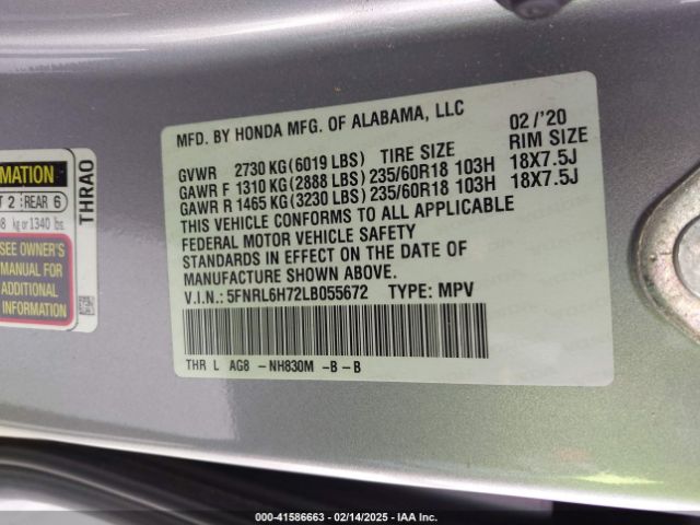 5FNRL6H72LB055672 Honda Odyssey Ex-l/ex-l W/navi   Res