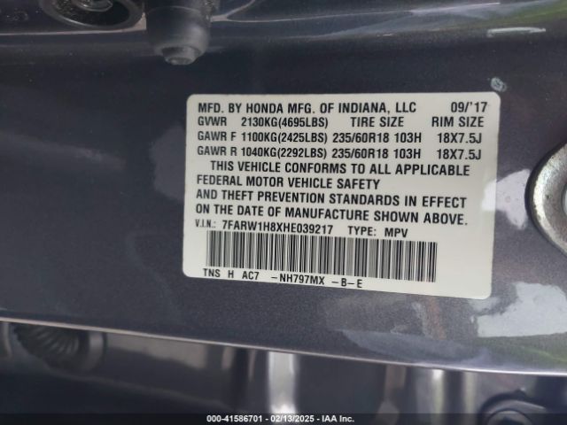 7FARW1H8XHE039217 Honda Cr-v Ex-l/ex-l Navi