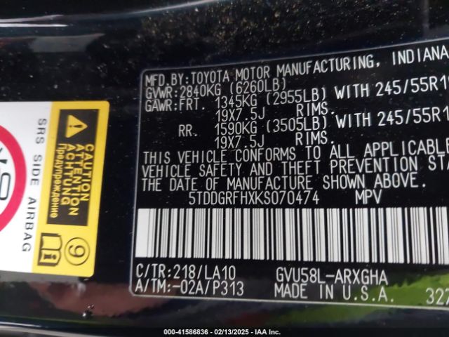 5TDDGRFHXKS070474 Toyota Highlander Hybrid Limited Platinum