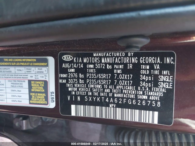 KIA SORENTO LX 2015 5XYKT4A62FG626758 Image 9