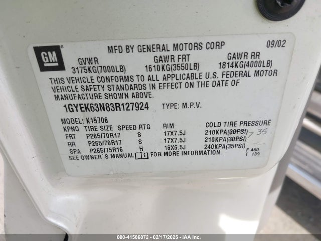 2003 CADILLAC ESCALADE 1GYEK63N83R127924 Photo 8