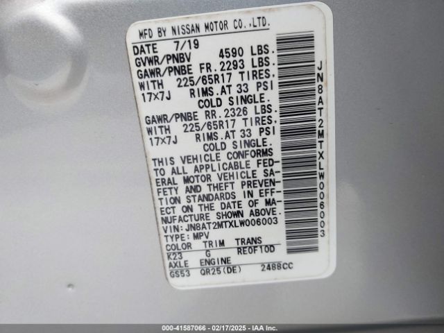 JN8AT2MTXLW006003 Nissan Rogue S Fwd