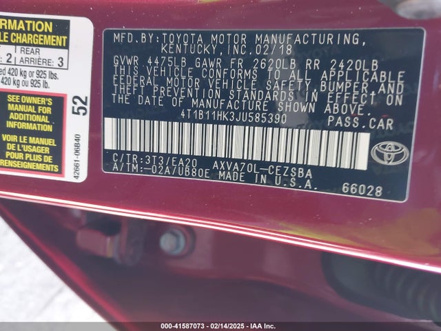 4T1B11HK3JU585390 Toyota CAMRY SE
