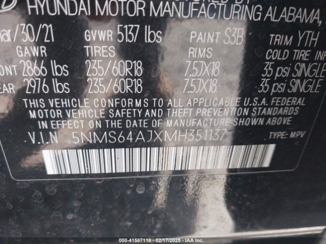 5NMS64AJXMH351137 Hyundai Santa Fe Sel