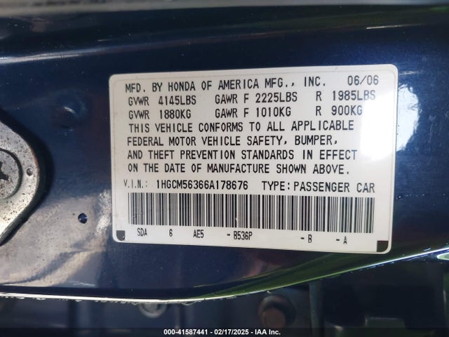 Продаж на аукціоні авто 2006 Honda Accord 2.4 Se, vin: 1HGCM56366A178676, номер лоту: 41587441