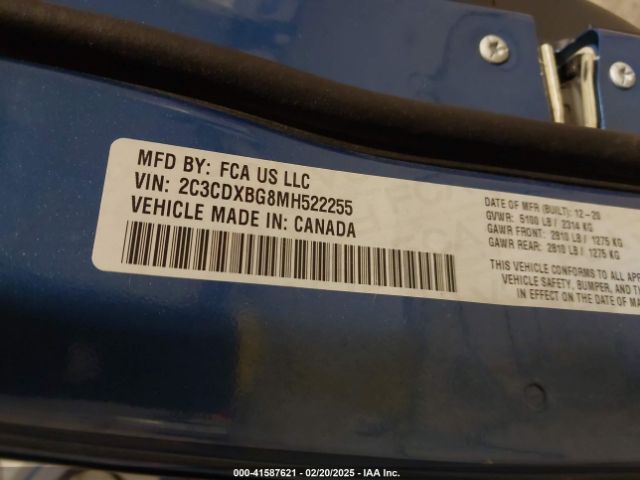 2C3CDXBG8MH522255 Dodge Charger Sxt Rwd