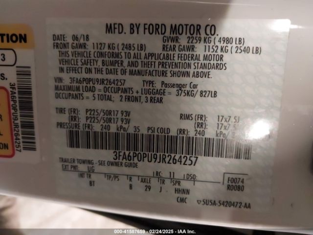 3FA6P0PU9JR264257 Ford Fusion Energi Se Luxury