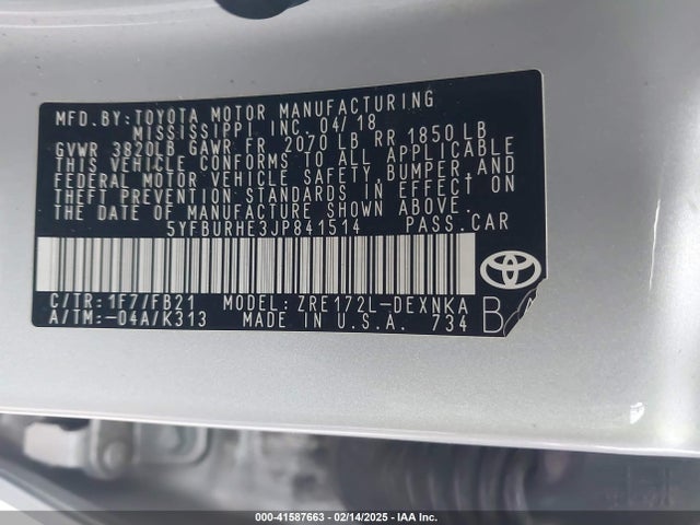 Toyota COROLLA LE 2018 5YFBURHE3JP841514 Image 9