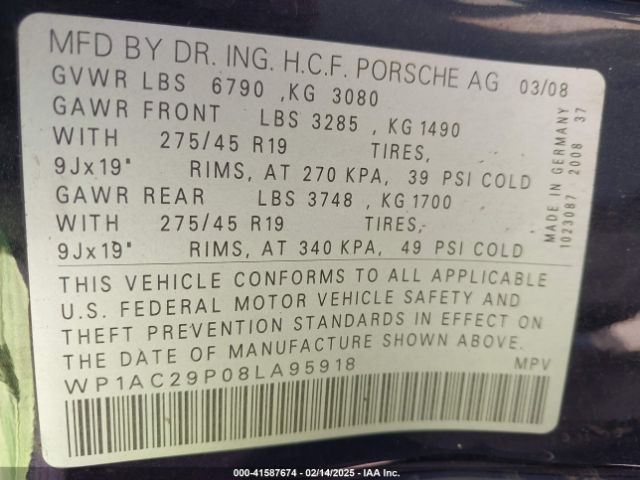 2008 PORSCHE CAYENNE WP1AC29P08LA95918 Photo 8
