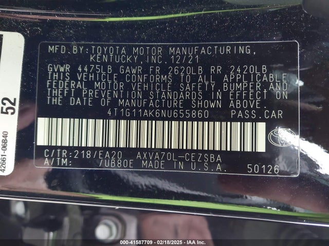 4T1G11AK6NU655860 Toyota CAMRY SE