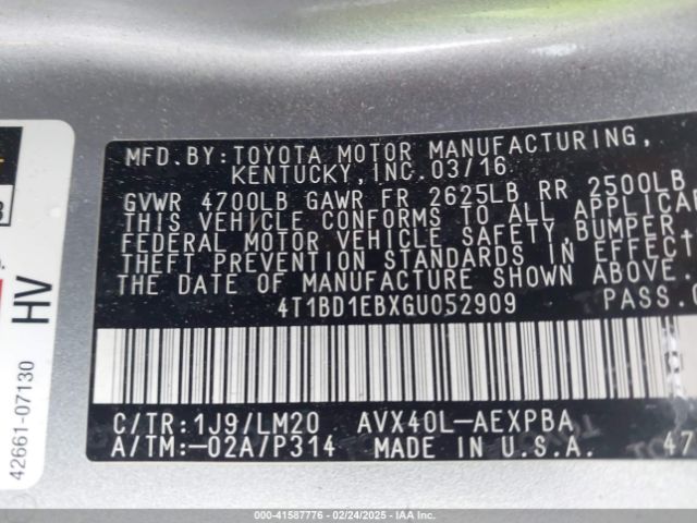 4T1BD1EBXGU052909 Toyota Avalon Hybrid Limited