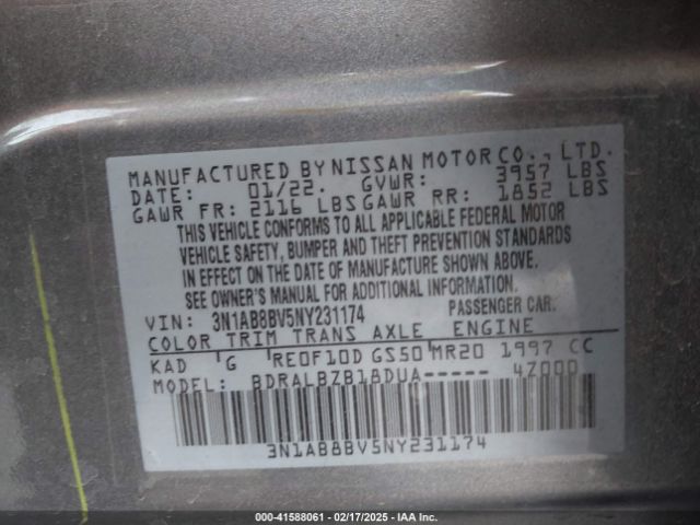 3N1AB8BV5NY231174 Nissan Sentra S Xtronic Cvt