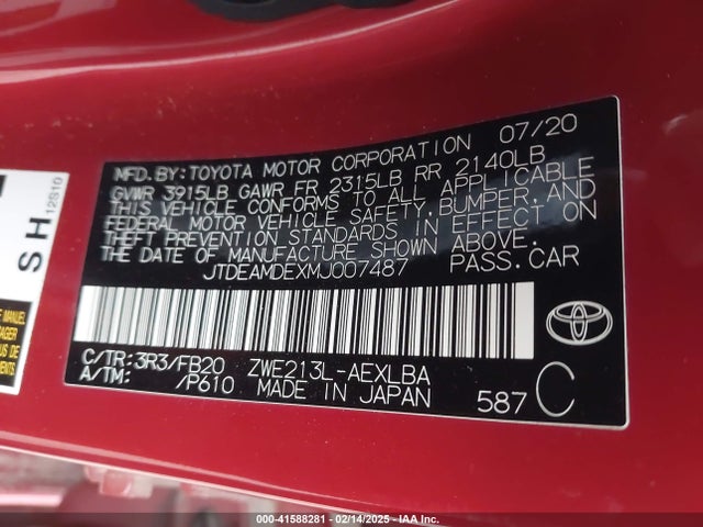 Toyota Corolla Hybrid Le 2021 JTDEAMDEXMJ007487 Image 9