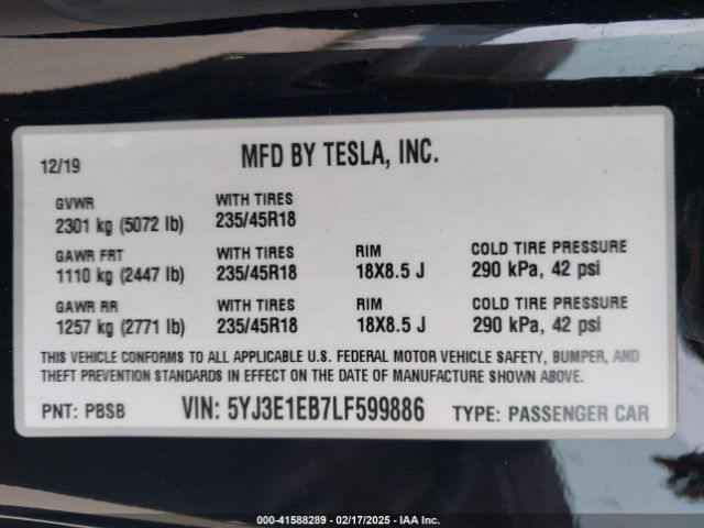 5YJ3E1EB7LF599886 Tesla Model 3 Long Range Dual Motor All-wheel Drive