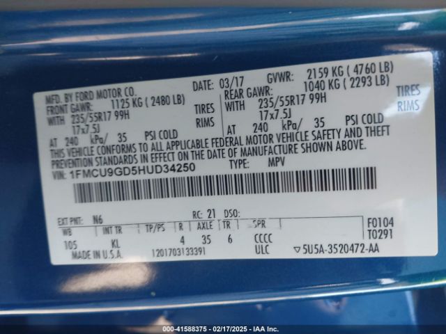 1FMCU9GD5HUD34250 Ford ESCAPE SE