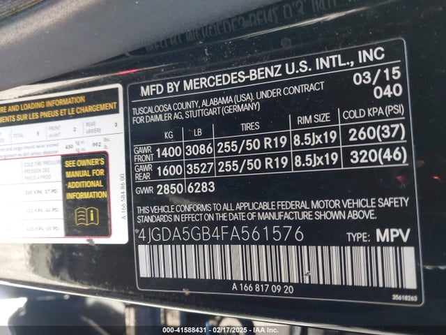 4JGDA5GB4FA561576 Mercedes-Benz Ml 400 4matic