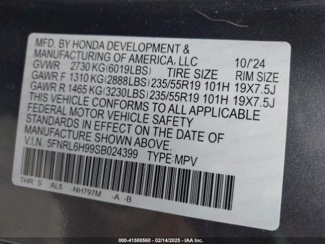5FNRL6H99SB024399 Honda Odyssey Elite
