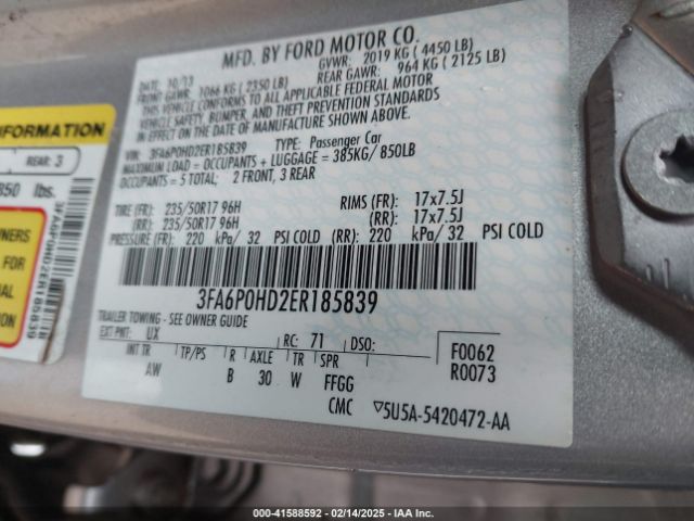 3FA6P0HD2ER185839 Ford FUSION SE