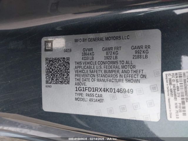 1G1FD1RX4K0146949 Chevrolet Camaro 2lt