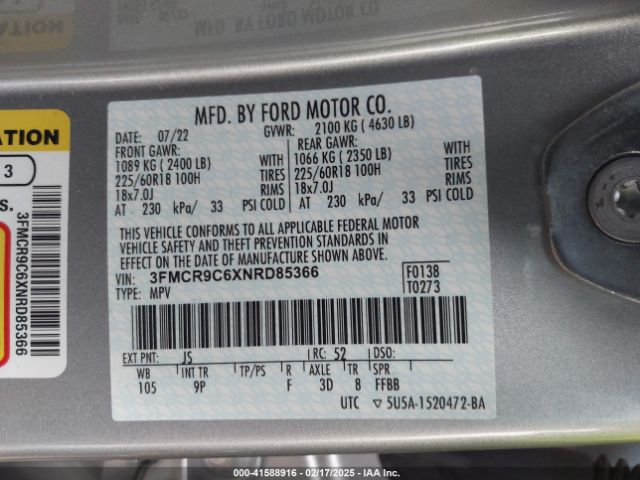 3FMCR9C6XNRD85366 Ford Bronco Sport Outer Banks