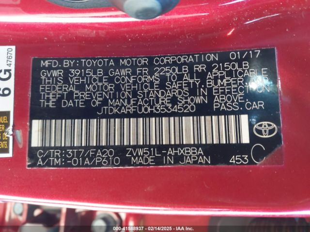 JTDKARFU0H3534520 Toyota Prius Two Eco