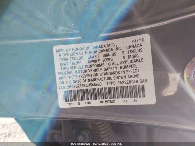 Honda Civic Lx 2016 2HGFC2F59GH546965 Image 9