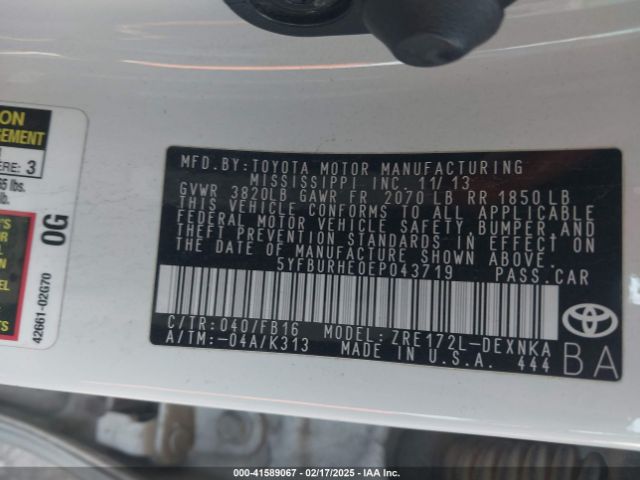 5YFBURHE0EP043719 Toyota Corolla Le/le Plus/le Premium