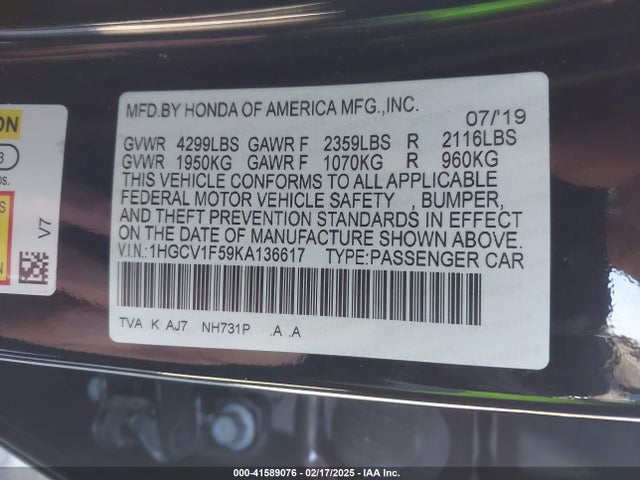 1HGCV1F59KA136617 Honda Accord Ex-l
