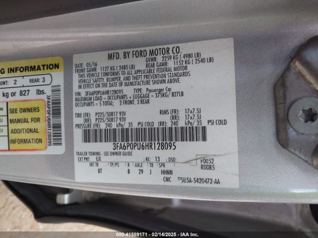 3FA6P0PU6HR128095 Ford Fusion Energi Se Luxury