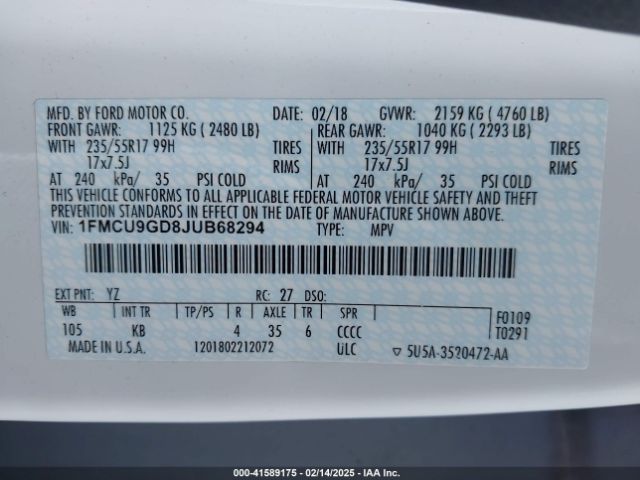 1FMCU9GD8JUB68294 Ford ESCAPE SE
