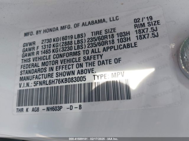 5FNRL6H76KB083005 Honda Odyssey Ex-l