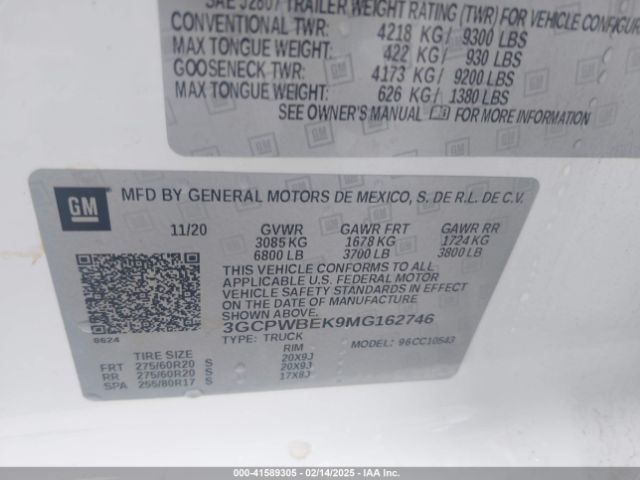 3GCPWBEK9MG162746 Chevrolet Silverado 1500 2wd  Short Bed Custom