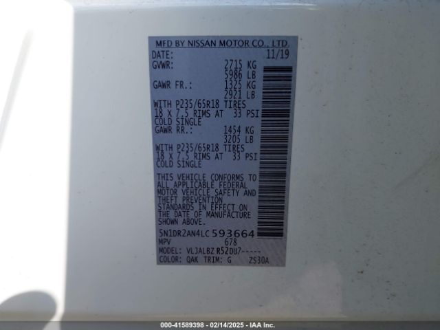 5N1DR2AN4LC593664 Nissan Pathfinder S 2wd