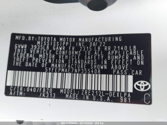 5YFEPMAE7NP355408 Toyota 2zr-fae