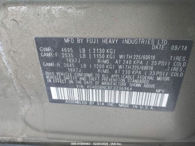 4S4BSBNC6F3236964 Subaru Outback 2.5i Limited